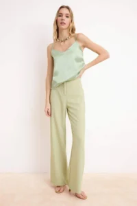 TRENDYOLMİLLA Mint Satin Sleeveless Blouse Material Wide Leg Pants Weaving Bottom - Top Set - Image 2