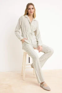 TRENDYOLMİLLA Stone Striped linen look Shirt Pants Bottom - Top Set - Image 2