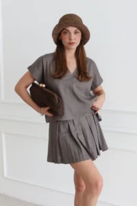 TRENDYOLMİLLA Khaki Linen Skirt Blouse Weaving Bottom - Top Set - Image 2
