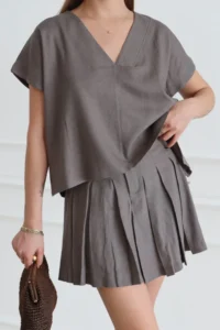 TRENDYOLMİLLA Khaki Linen Skirt Blouse Weaving Bottom - Top Set - Image 3