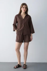 TRENDYOLMİLLA Brown Modal Shirt Shorts Weaving Bottom - Top Set