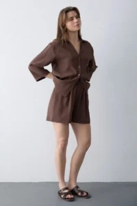 TRENDYOLMİLLA Brown Modal Shirt Shorts Weaving Bottom - Top Set - Image 2