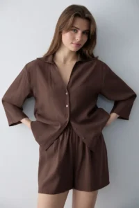 TRENDYOLMİLLA Brown Modal Shirt Shorts Weaving Bottom - Top Set - Image 3