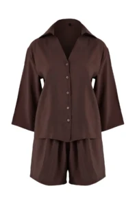 TRENDYOLMİLLA Brown Modal Shirt Shorts Weaving Bottom - Top Set - Image 5