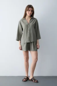 TRENDYOLMİLLA Khaki Modal Shirt Shorts Weaving Bottom - Top Set