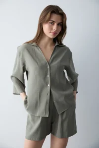 TRENDYOLMİLLA Khaki Modal Shirt Shorts Weaving Bottom - Top Set - Image 2