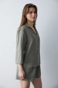 TRENDYOLMİLLA Khaki Modal Shirt Shorts Weaving Bottom - Top Set - Image 3