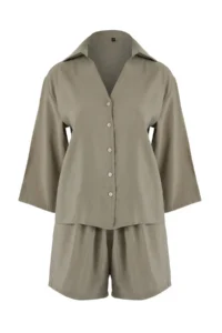 TRENDYOLMİLLA Khaki Modal Shirt Shorts Weaving Bottom - Top Set - Image 5