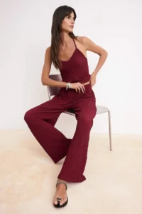 TRENDYOLMİLLA Burgundy Fitted Sleeveless Wide Leg textured Knitting Top and Bottom Set