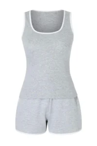 TRENDYOLMİLLA Gray Melange Color Blocked Fitted with pocket Ribbed Flexible Knitting Top and Bottom Set