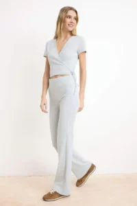 TRENDYOLMİLLA Gray Melange Fitted flared leg Cotton Rib Knitting Top and Bottom Set - Image 2