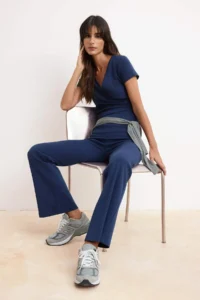 TRENDYOLMİLLA Navy Blue Double breasted Closed Flexible Short Sleeve Flare Bottom Knitting Bottom - Top Set - Image 2