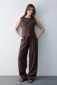 TRENDYOLMİLLA Brown Modal Look Blouse Pants Weaving Bottom - Top Set - Image 3