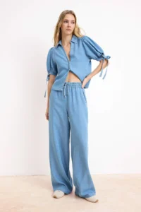 TRENDYOLMİLLA Mavi Draped Thin Material 100% Tencel denim Bottom - Top Set