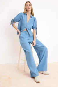 TRENDYOLMİLLA Mavi Draped Thin Material 100% Tencel denim Bottom - Top Set - Image 2