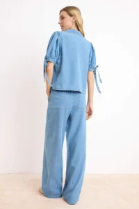 TRENDYOLMİLLA Mavi Draped Thin Material 100% Tencel denim Bottom - Top Set - Image 4