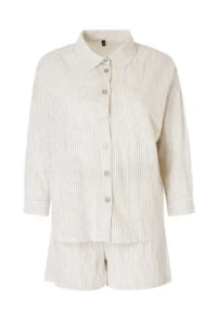TRENDYOLMİLLA White-Multicolored Striped Arched Cotton Shorts Shirt Bottom - Top Set
