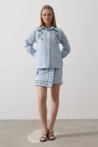 TRENDYOLMİLLA Mavi Embroidery Detailed Shirt Double breasted Skirt Weaving Bottom - Top Set