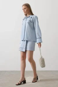TRENDYOLMİLLA Mavi Embroidery Detailed Shirt Double breasted Skirt Weaving Bottom - Top Set - Image 2