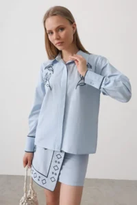TRENDYOLMİLLA Mavi Embroidery Detailed Shirt Double breasted Skirt Weaving Bottom - Top Set - Image 3