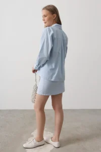 TRENDYOLMİLLA Mavi Embroidery Detailed Shirt Double breasted Skirt Weaving Bottom - Top Set - Image 6
