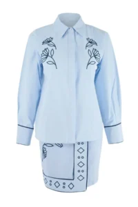TRENDYOLMİLLA Mavi Embroidery Detailed Shirt Double breasted Skirt Weaving Bottom - Top Set - Image 7