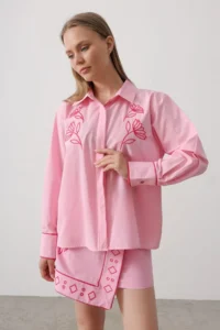 TRENDYOLMİLLA Pink Embroidery Detailed Shirt Double breasted Skirt Weaving Bottom - Top Set - Image 2