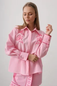TRENDYOLMİLLA Pink Embroidery Detailed Shirt Double breasted Skirt Weaving Bottom - Top Set - Image 3