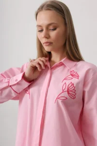 TRENDYOLMİLLA Pink Embroidery Detailed Shirt Double breasted Skirt Weaving Bottom - Top Set - Image 5