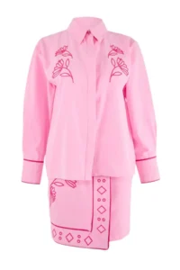 TRENDYOLMİLLA Pink Embroidery Detailed Shirt Double breasted Skirt Weaving Bottom - Top Set - Image 7