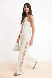 TRENDYOLMİLLA Multicolored Boncuk Embroidered Blouse Wide Leg Thin Dress Pants Weaving Bottom - Top Set