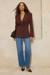 TRENDYOLMİLLA Dark Brown Fitted Single Button Weaving Lined padded Blazer Jacket - Image 3