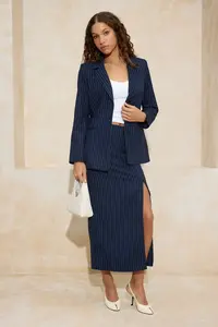 TRENDYOLMİLLA Navy Blue Striped Waist Belt Detailed Weaving Lined padded Blazer Jacket - Image 2