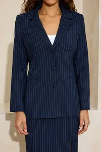 TRENDYOLMİLLA Navy Blue Striped Waist Belt Detailed Weaving Lined padded Blazer Jacket - Image 3