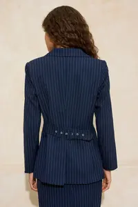 TRENDYOLMİLLA Navy Blue Striped Waist Belt Detailed Weaving Lined padded Blazer Jacket - Image 5