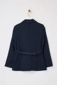 TRENDYOLMİLLA Navy Blue Striped Waist Belt Detailed Weaving Lined padded Blazer Jacket - Image 7