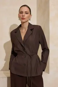 TRENDYOLMİLLA Dark Brown Striped Weaving Thin Draped Blazer Shirt Jacket