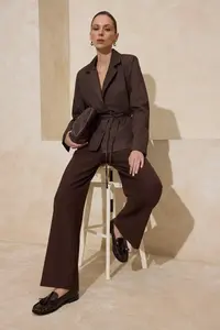 TRENDYOLMİLLA Dark Brown Striped Weaving Thin Draped Blazer Shirt Jacket - Image 2