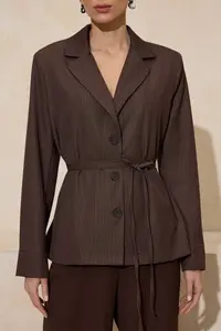 TRENDYOLMİLLA Dark Brown Striped Weaving Thin Draped Blazer Shirt Jacket - Image 3