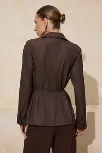 TRENDYOLMİLLA Dark Brown Striped Weaving Thin Draped Blazer Shirt Jacket - Image 4