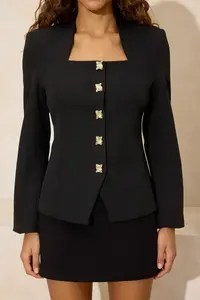TRENDYOLMİLLA Black Square Neck Accessory buttoned Fitted/Lined Blazer Jacket - Image 4
