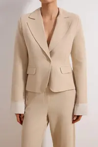 TRENDYOLMİLLA Beige Striped Lining Detailed Weaving linen look Blazer Jacket - Image 3