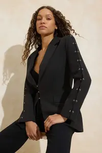 TRENDYOLMİLLA Black Sleeves Eyelet Detailed Weaving Fitted Blazer Jacket - Image 2