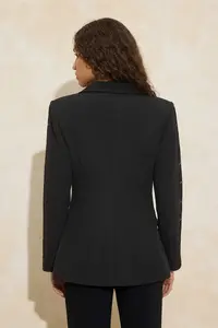 TRENDYOLMİLLA Black Sleeves Eyelet Detailed Weaving Fitted Blazer Jacket - Image 4