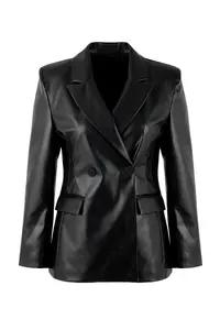 TRENDYOLMİLLA Black Fitted Double breasted Closure Lined padded Faux Leather Blazer Jacket - Image 5