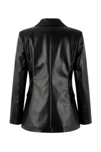 TRENDYOLMİLLA Black Fitted Double breasted Closure Lined padded Faux Leather Blazer Jacket - Image 6
