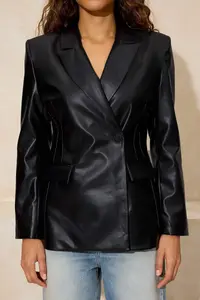 TRENDYOLMİLLA Black Fitted Double breasted Closure Lined padded Faux Leather Blazer Jacket - Image 7