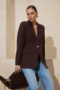 TRENDYOLMİLLA Dark Brown Aksesuar buttoned Regular/Normal Pattern Weaving Blazer Jacket