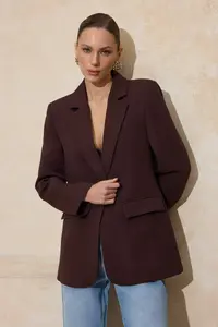 TRENDYOLMİLLA Dark Brown Aksesuar buttoned Regular/Normal Pattern Weaving Blazer Jacket - Image 5