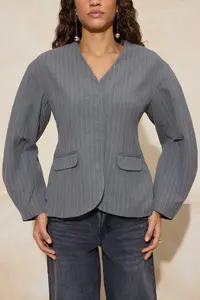 TRENDYOLMİLLA Gray Striped Sleeve Detailed Fitted Lined padded Weaving Blazer Jacket - Image 4